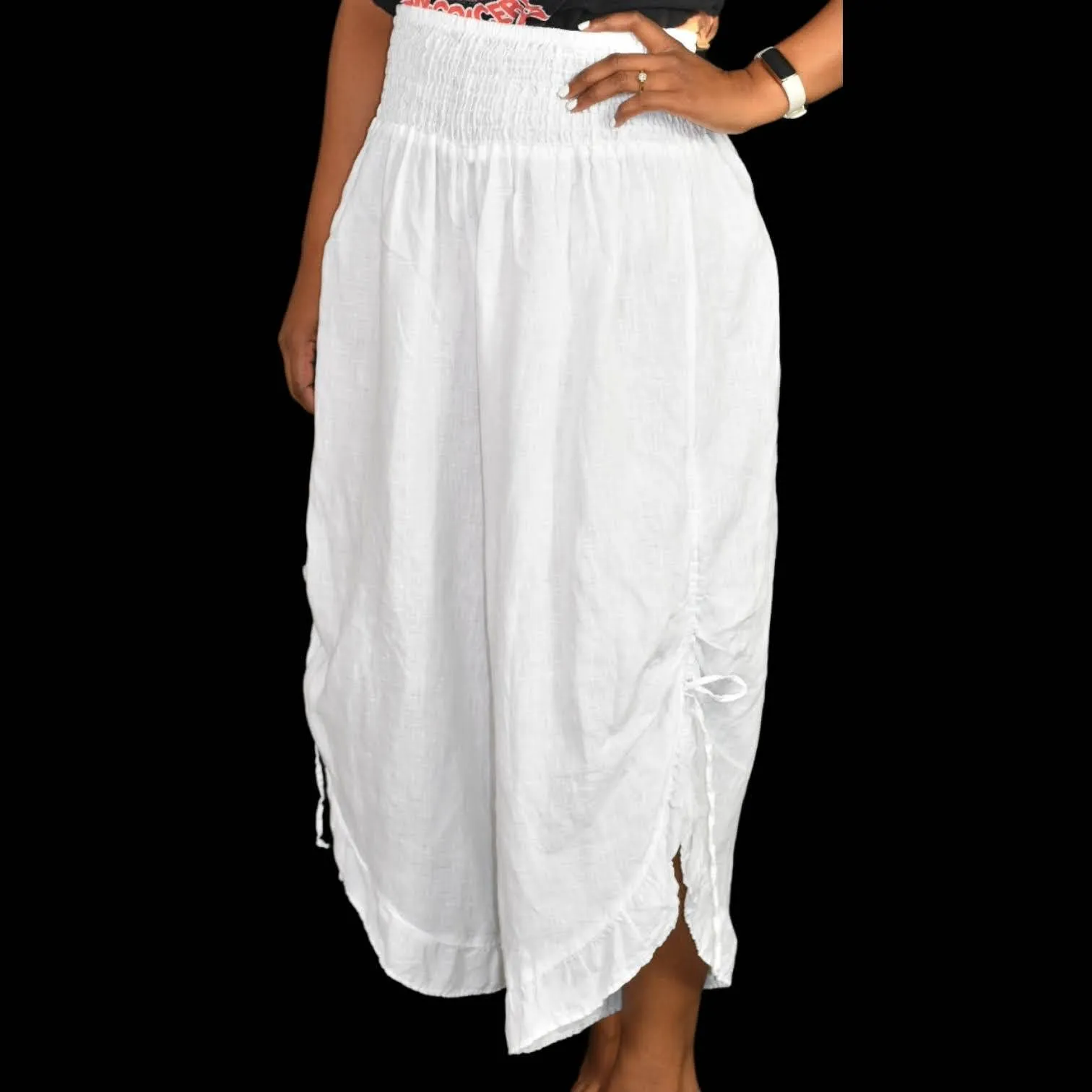 Match Point White Linen Pants Bloomers Side Drawstring Elastic Waist Size Medium