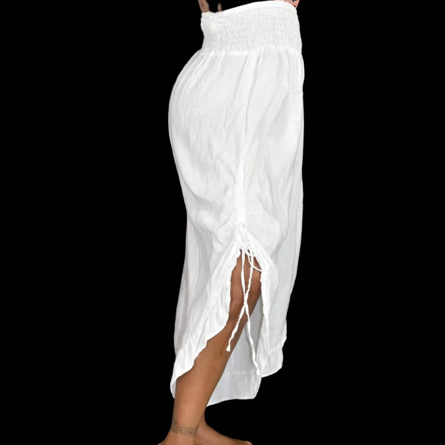 Match Point White Linen Pants Bloomers Side Drawstring Elastic Waist Size Medium