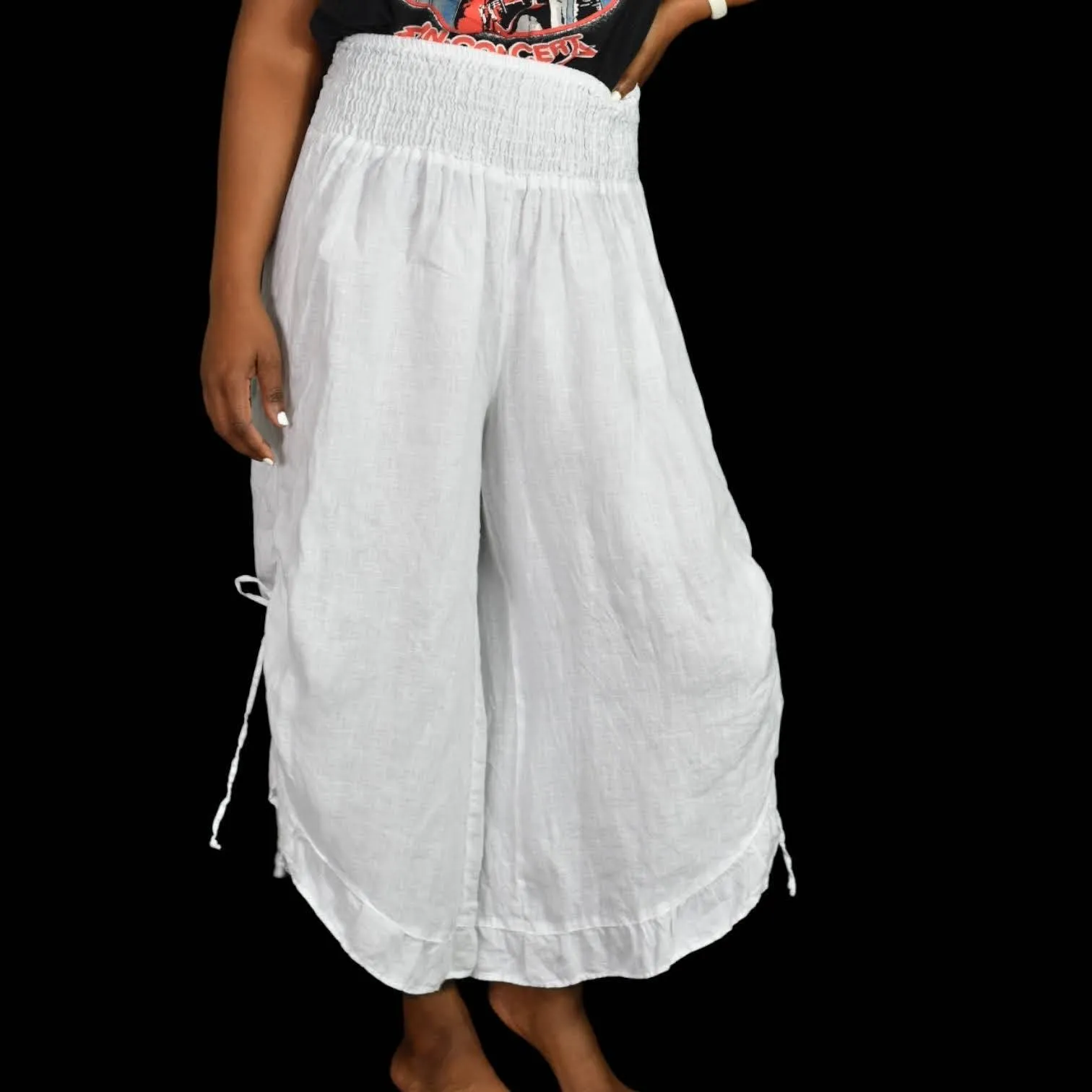 Match Point White Linen Pants Bloomers Side Drawstring Elastic Waist Size Medium