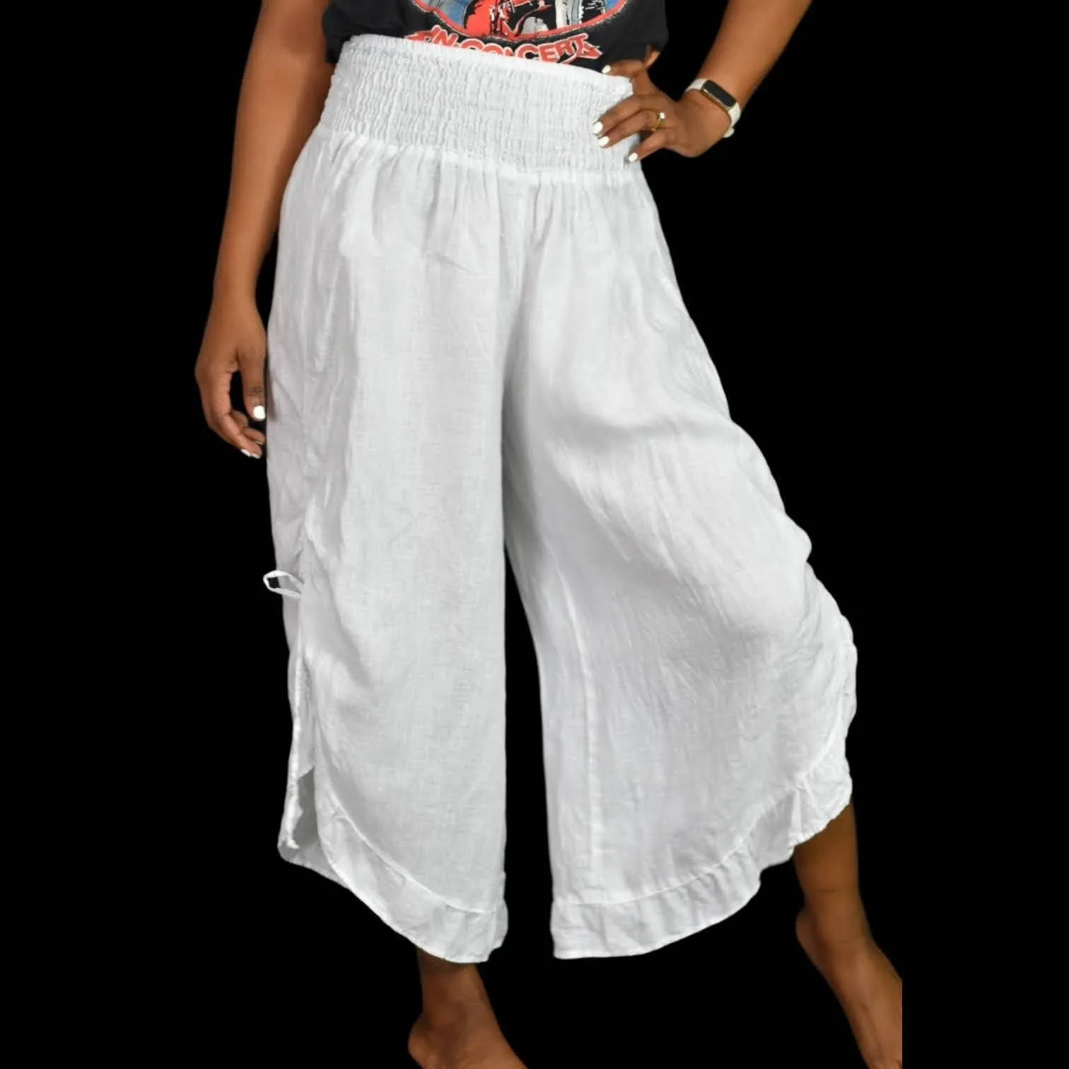 Match Point White Linen Pants Bloomers Side Drawstring Elastic Waist Size Medium