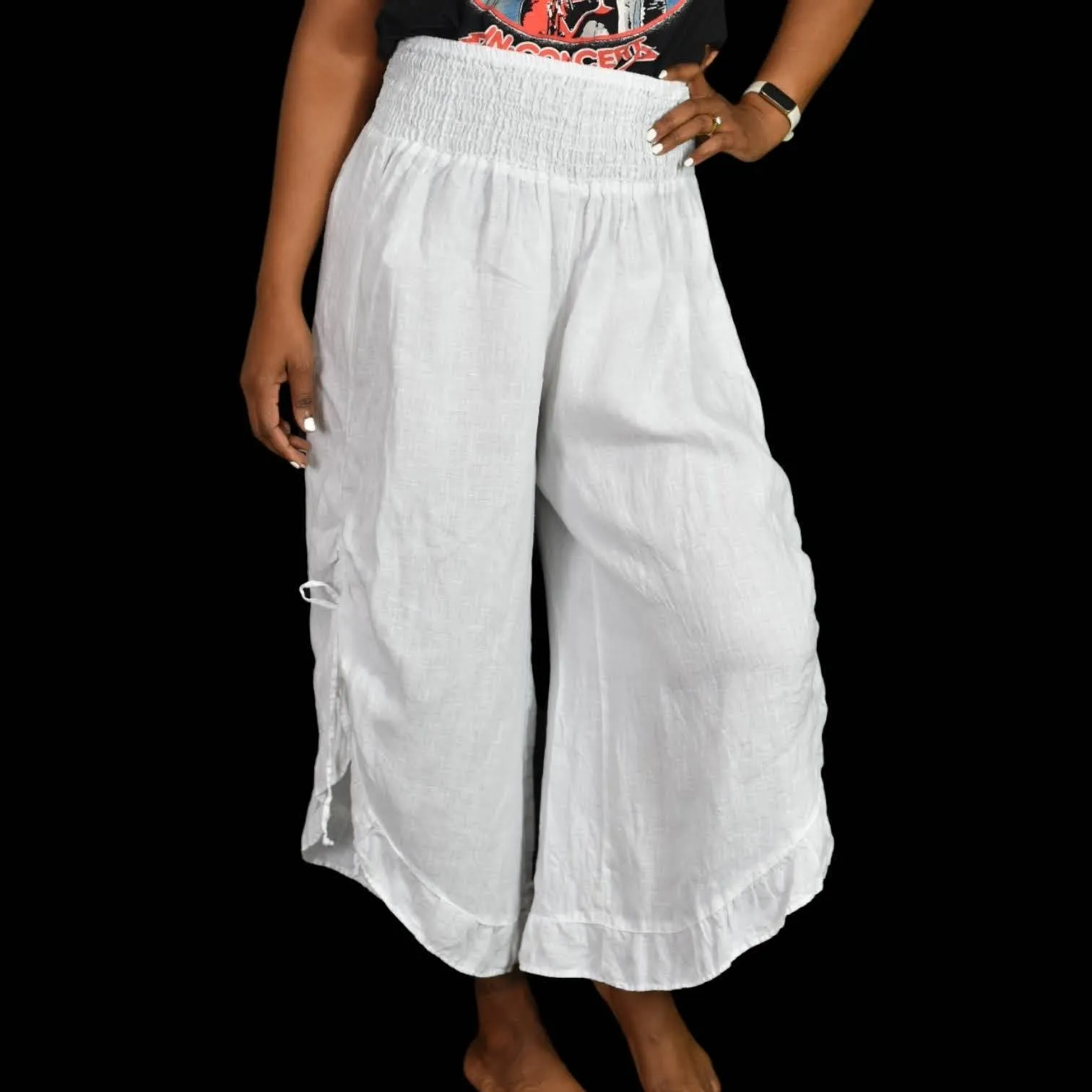 Match Point White Linen Pants Bloomers Side Drawstring Elastic Waist Size Medium