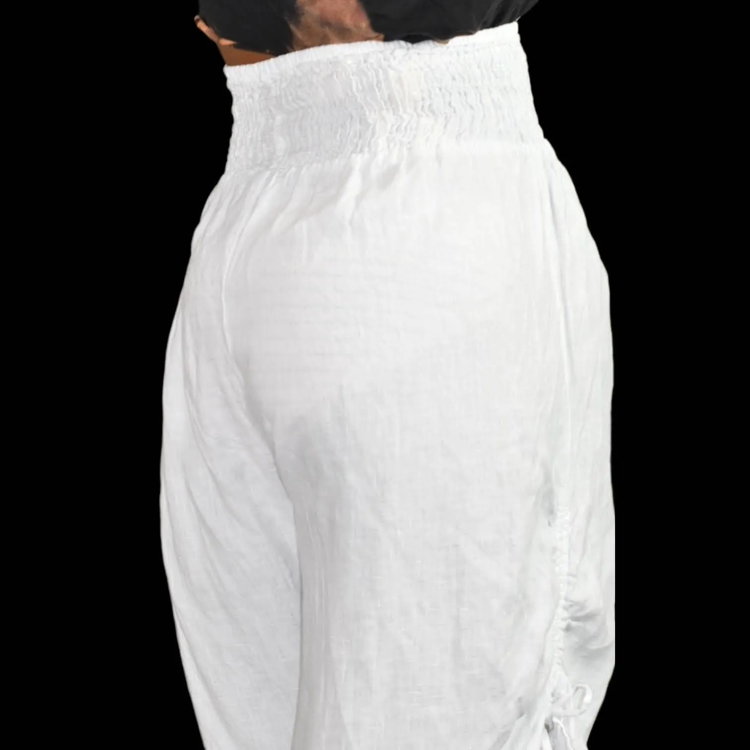 Match Point White Linen Pants Bloomers Side Drawstring Elastic Waist Size Medium