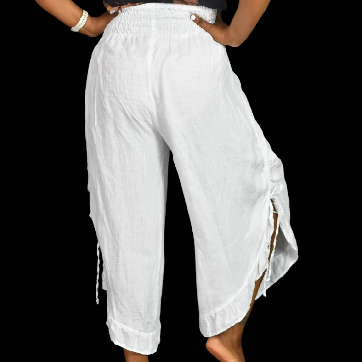 Match Point White Linen Pants Bloomers Side Drawstring Elastic Waist Size Medium