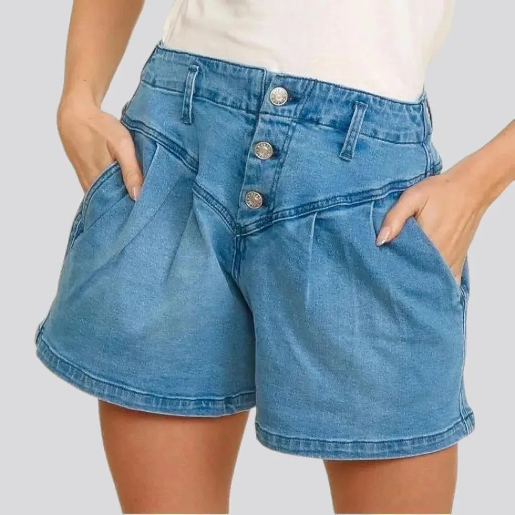 Medium-wash wide-leg women's denim shorts