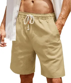 Men's Cotton Linen Shorts Elastic Waist Drawstring Pant Plain Slim Fit Beach Shorts Summer Lightweight Vacation Pants