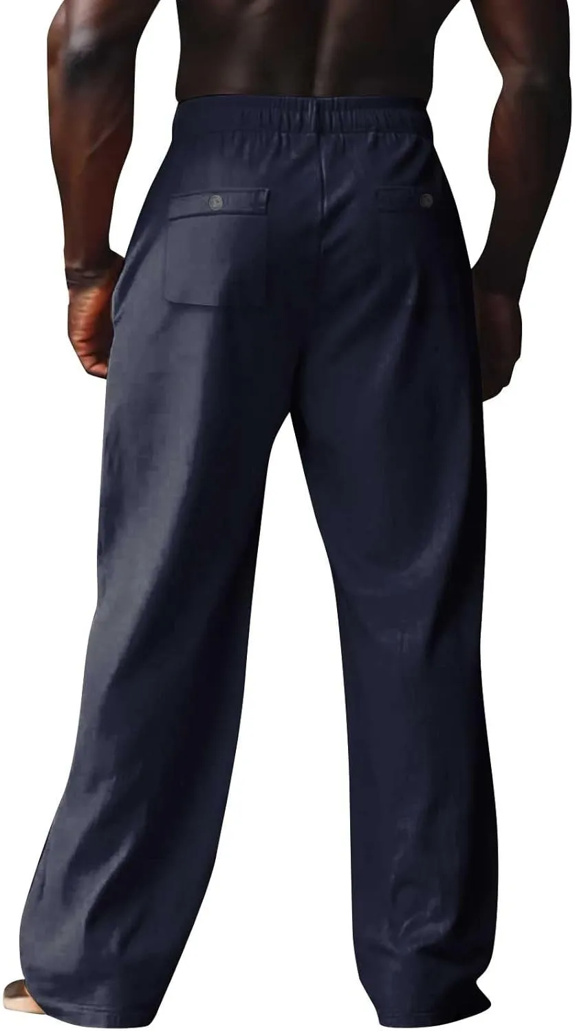 Mens Linen Pants Casual Drawstring Elastic Waist Yoga Pant Summer Lightweight Baggy Straight Leg Beach Loose Trousers