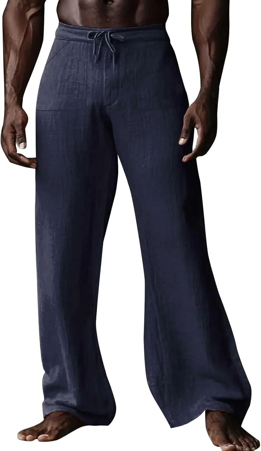 Mens Linen Pants Casual Drawstring Elastic Waist Yoga Pant Summer Lightweight Baggy Straight Leg Beach Loose Trousers