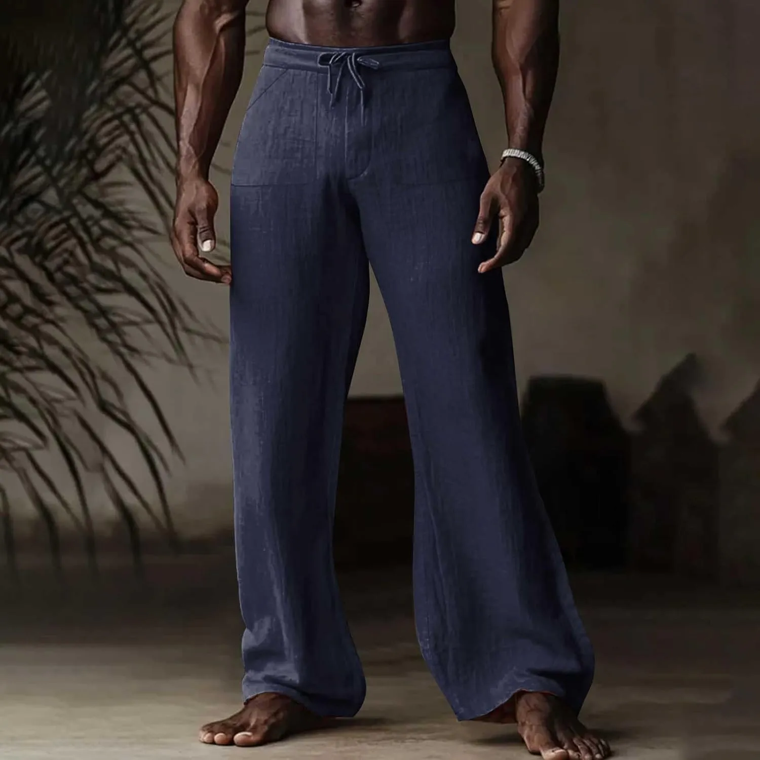 Mens Linen Pants Casual Drawstring Elastic Waist Yoga Pant Summer Lightweight Baggy Straight Leg Beach Loose Trousers