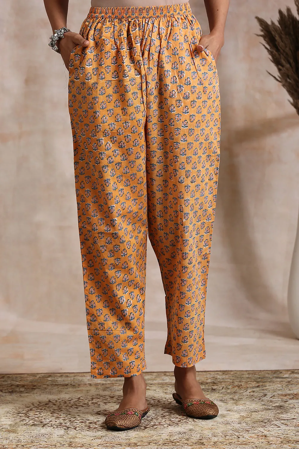 Orange Cotton Hand Block Printed Pant
