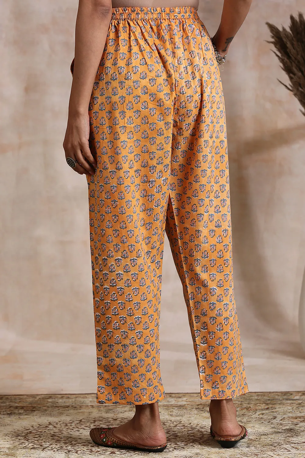 Orange Cotton Hand Block Printed Pant