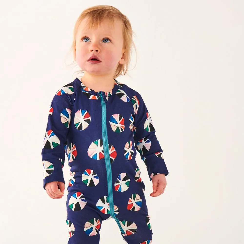 Pin Wheel Navy Organic Zip Romper