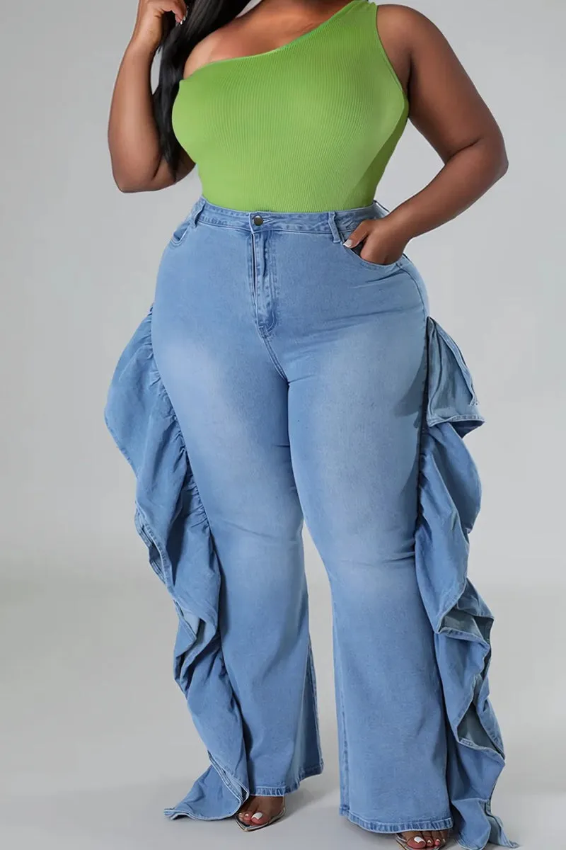PR3114 Ruffle Stretch Denim Jeans Pant
