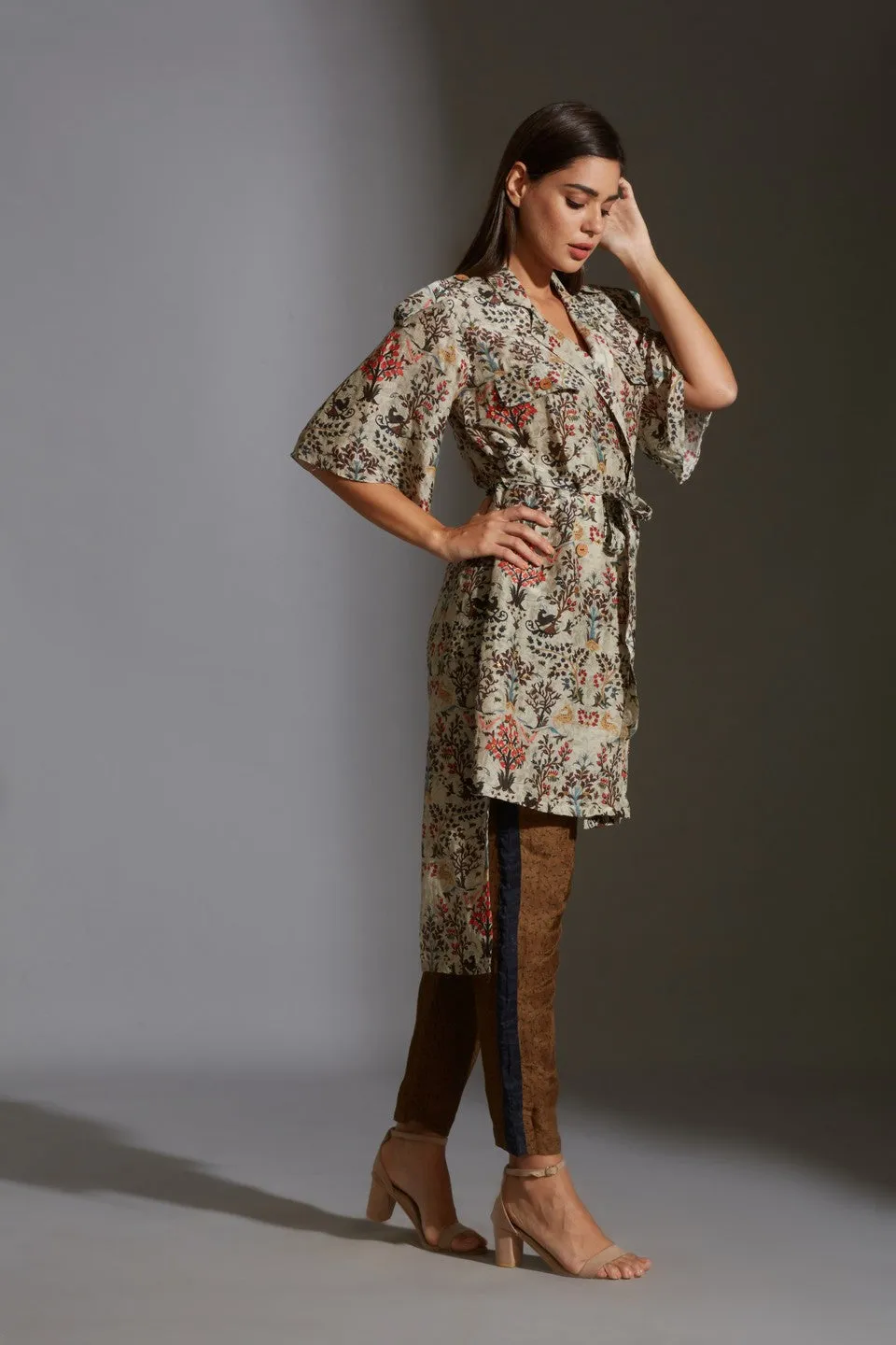Printed jacket with printed trousers