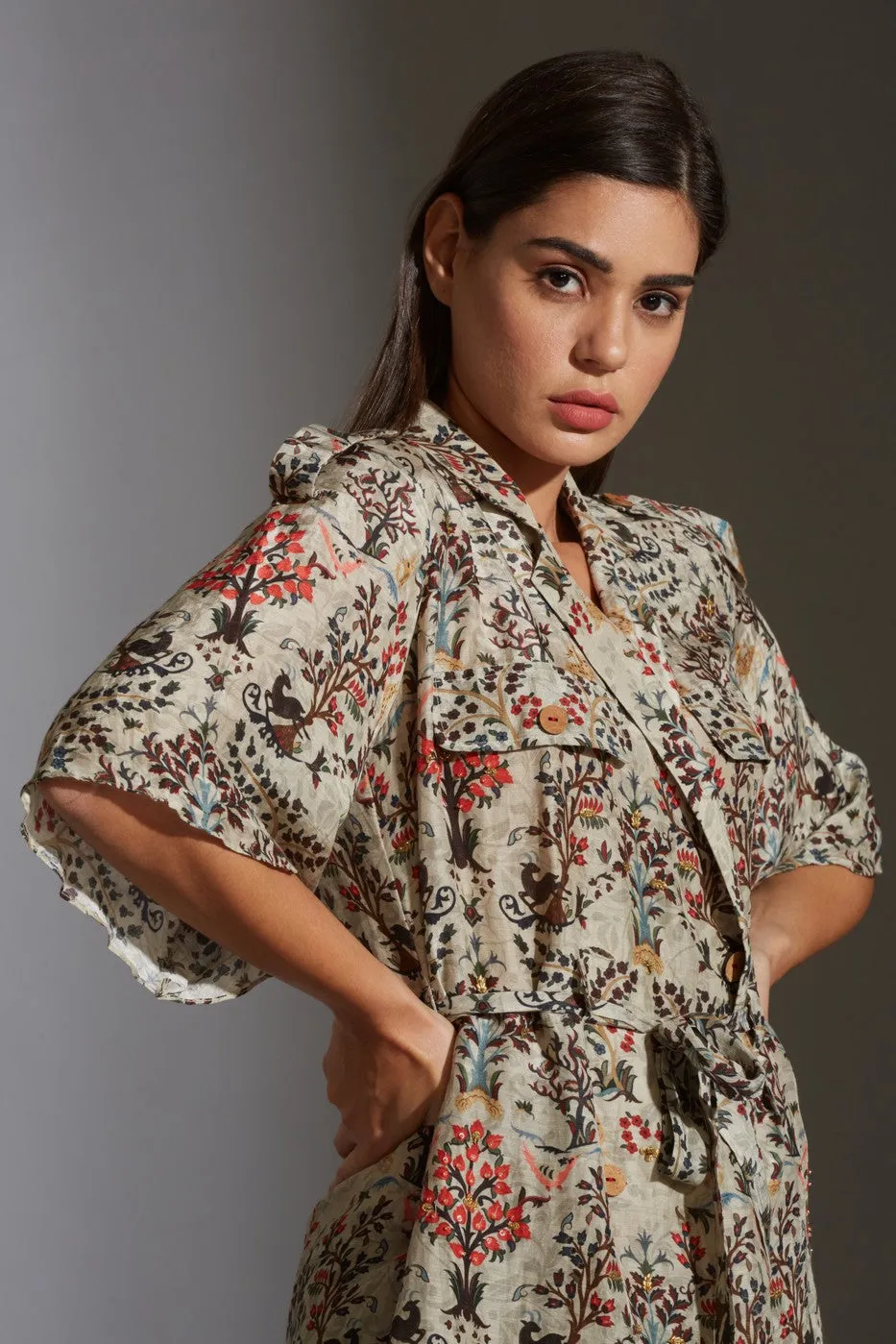Printed jacket with printed trousers