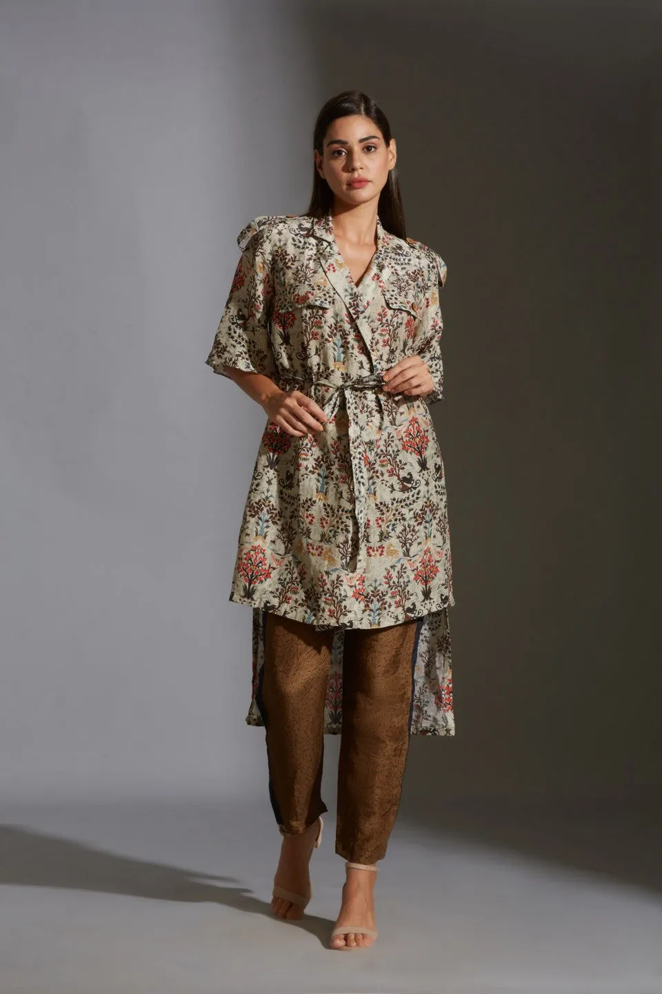Printed jacket with printed trousers