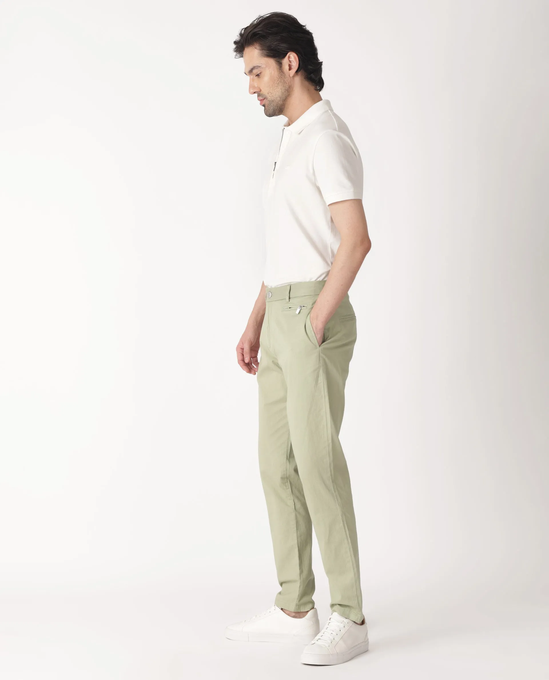 Rare Rabbit Men's Clovet Pastel Green Solid Stretch Mid-Rise Regular Fit Trouser