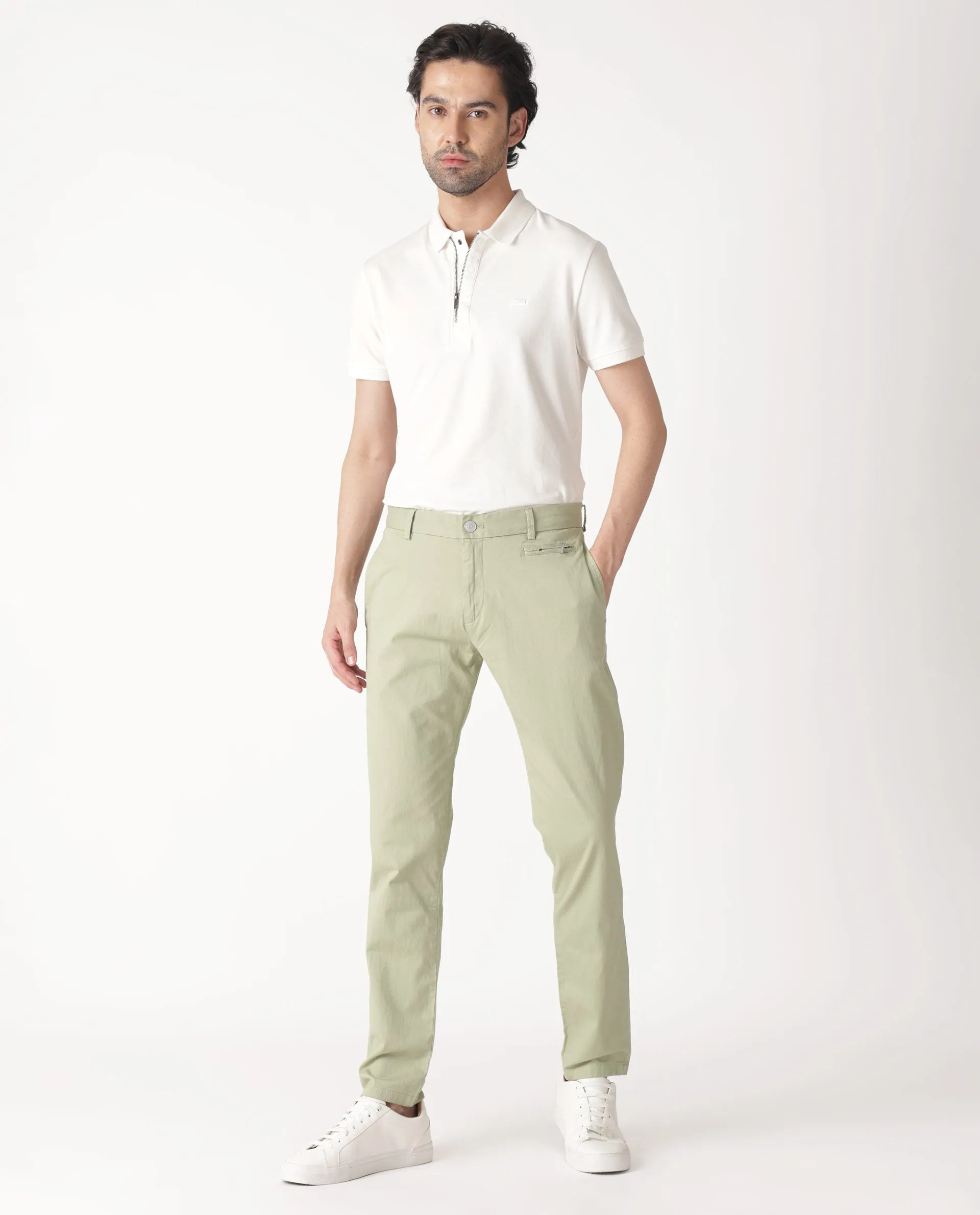 Rare Rabbit Men's Clovet Pastel Green Solid Stretch Mid-Rise Regular Fit Trouser