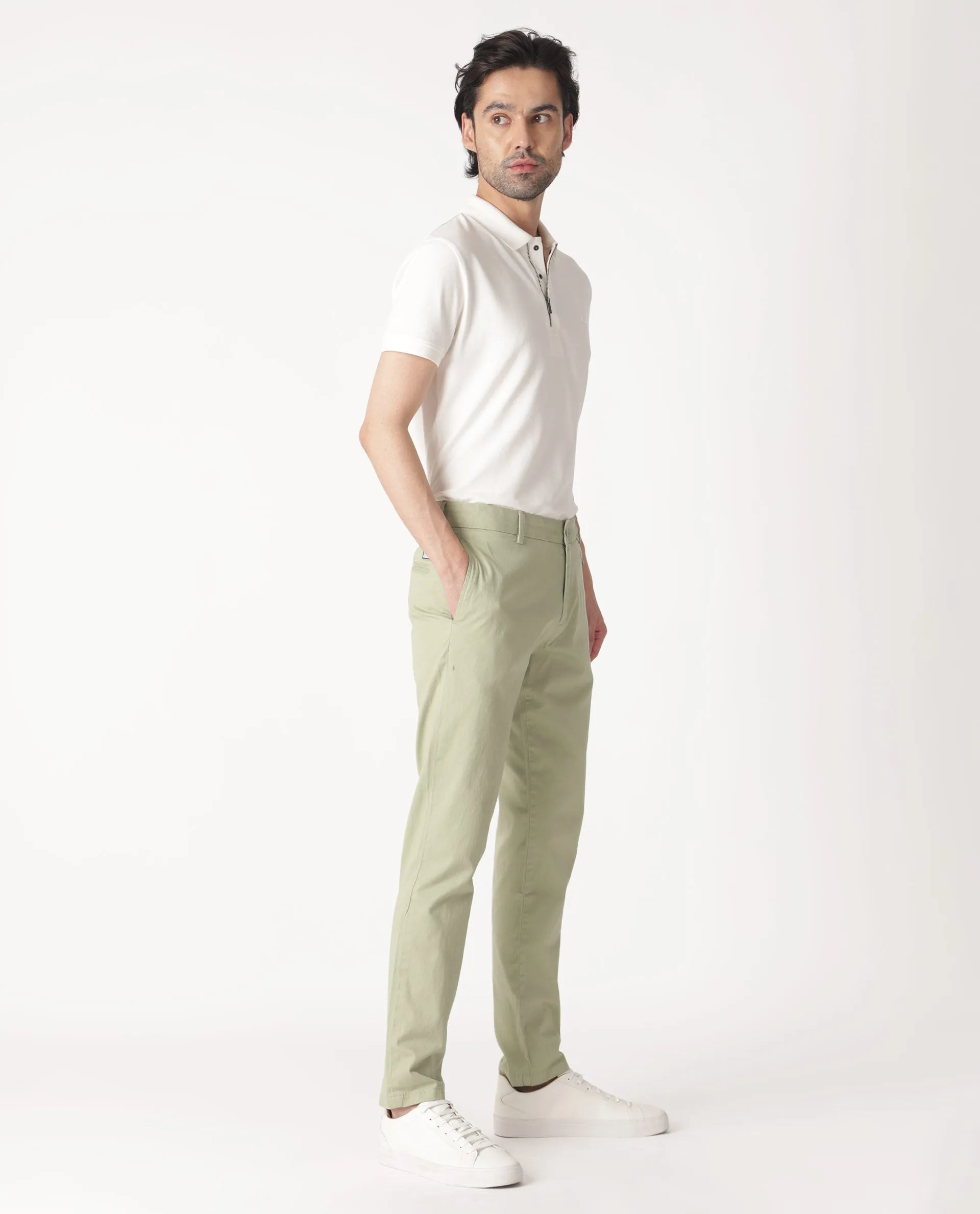 Rare Rabbit Men's Clovet Pastel Green Solid Stretch Mid-Rise Regular Fit Trouser