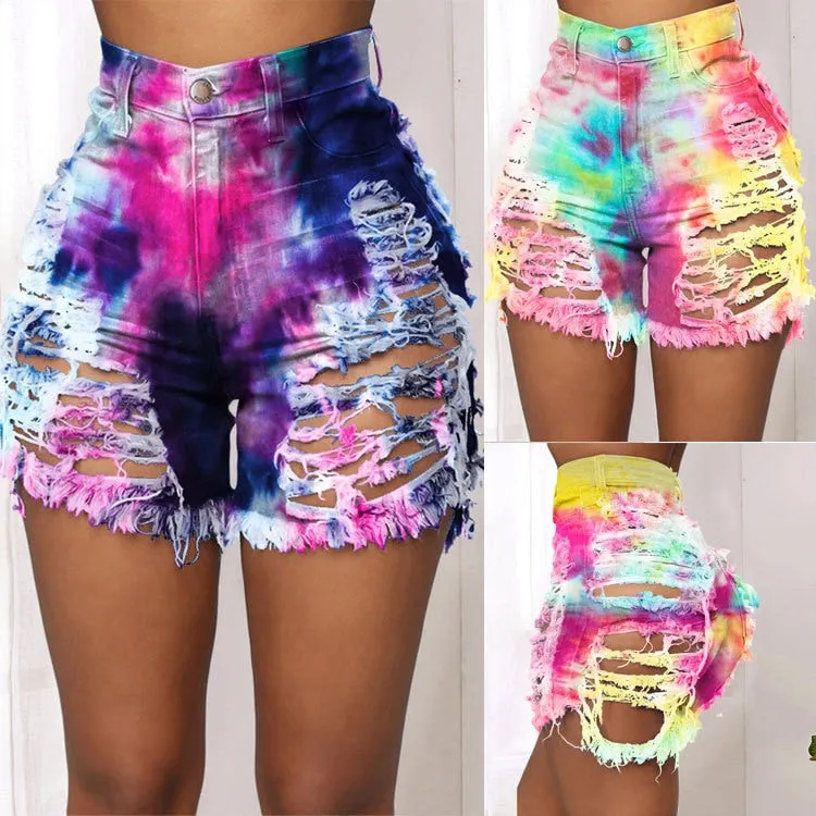 Ripped Tie dye denim shorts