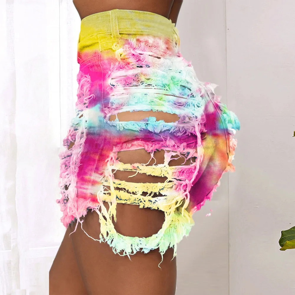 Ripped Tie dye denim shorts
