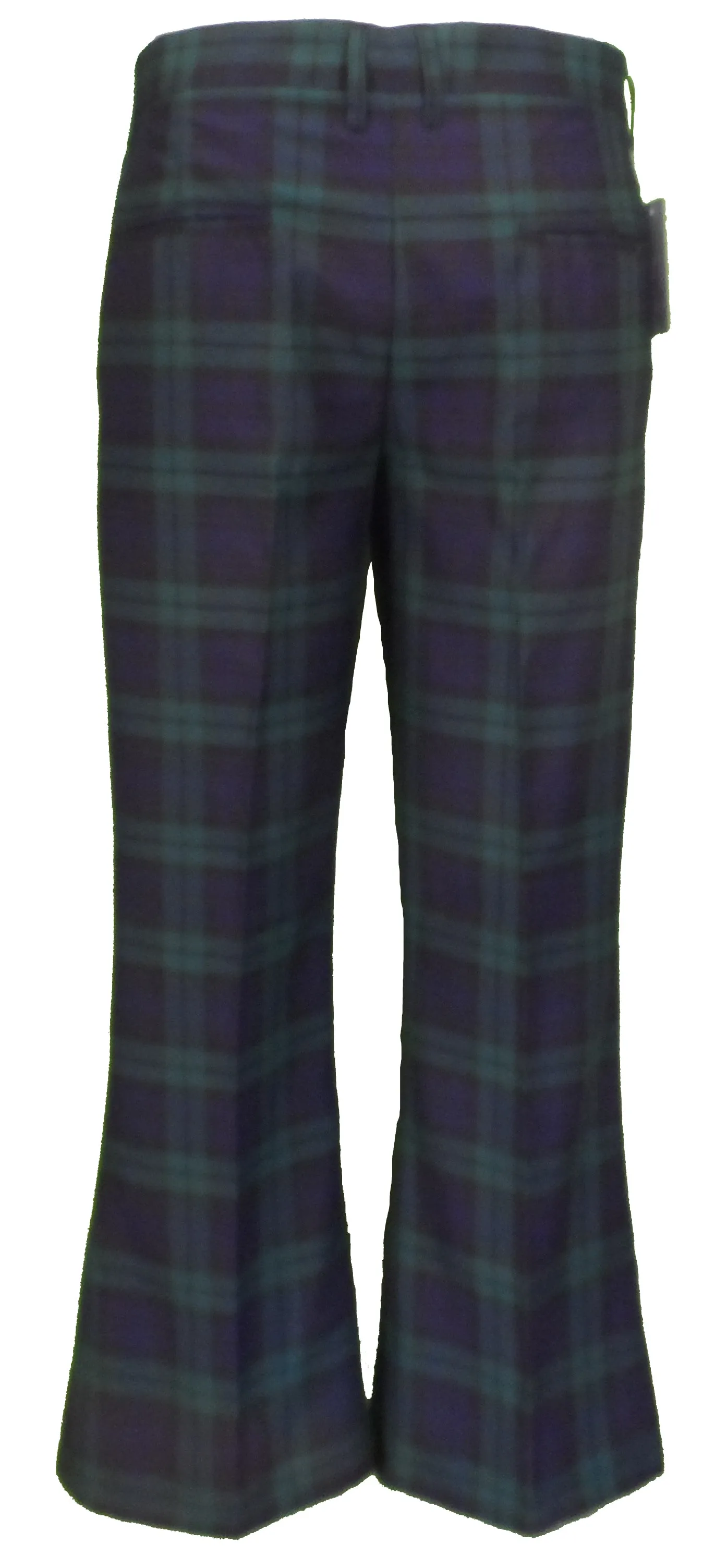 Run & Fly Mens 60s 70s Retro Checked Blackwatch Tartan Bell Bottom Trousers