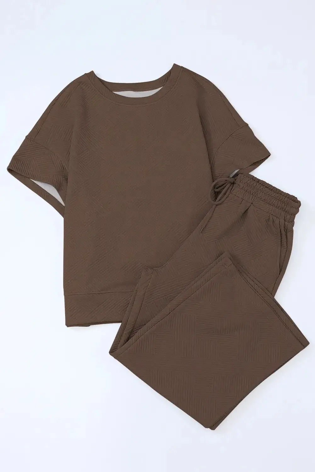 Textured Brown Loose Fit T Shirt and Pants Set
