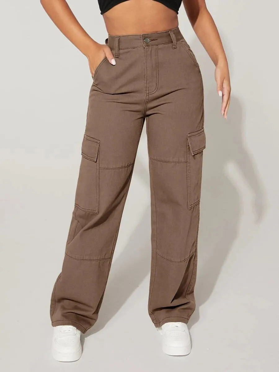 Trendy Flap Pocket High Waist Denim Cargo Jeans