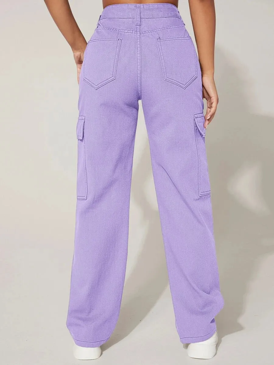 Trendy Flap Pocket High Waist Denim Cargo Jeans