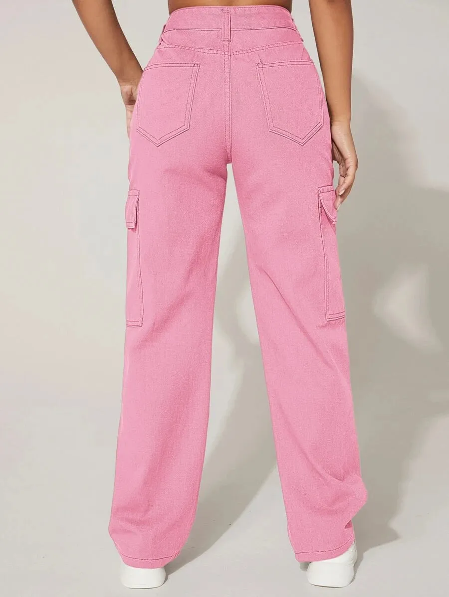 Trendy Flap Pocket High Waist Denim Cargo Jeans