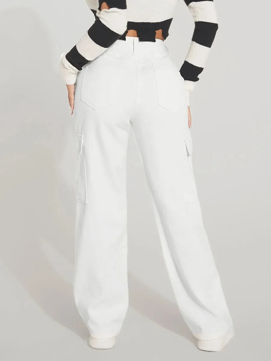 Trendy Flap Pocket High Waist Denim Cargo Jeans