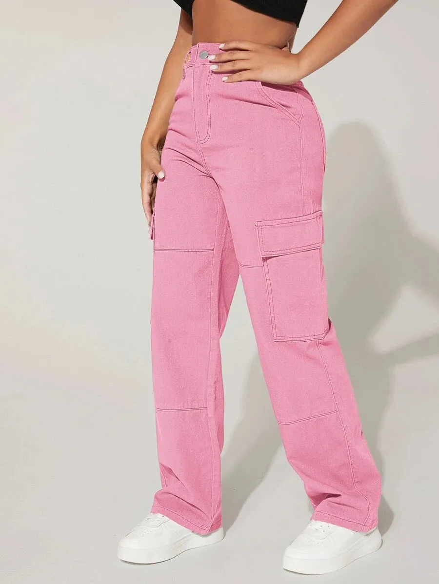 Trendy Flap Pocket High Waist Denim Cargo Jeans