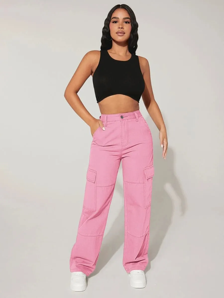 Trendy Flap Pocket High Waist Denim Cargo Jeans