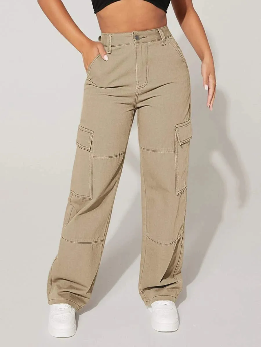 Trendy Flap Pocket High Waist Denim Cargo Jeans