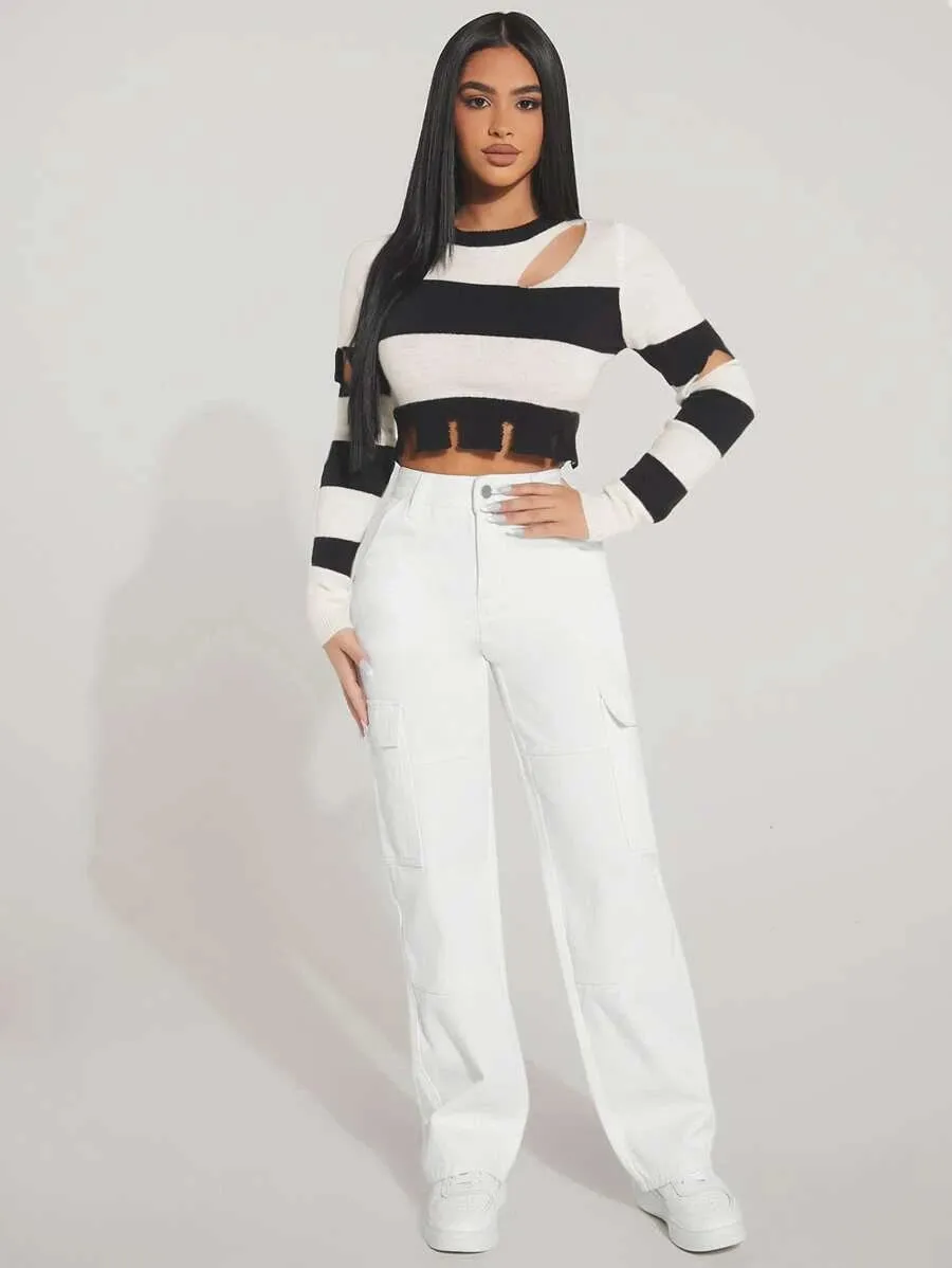 Trendy Flap Pocket High Waist Denim Cargo Jeans