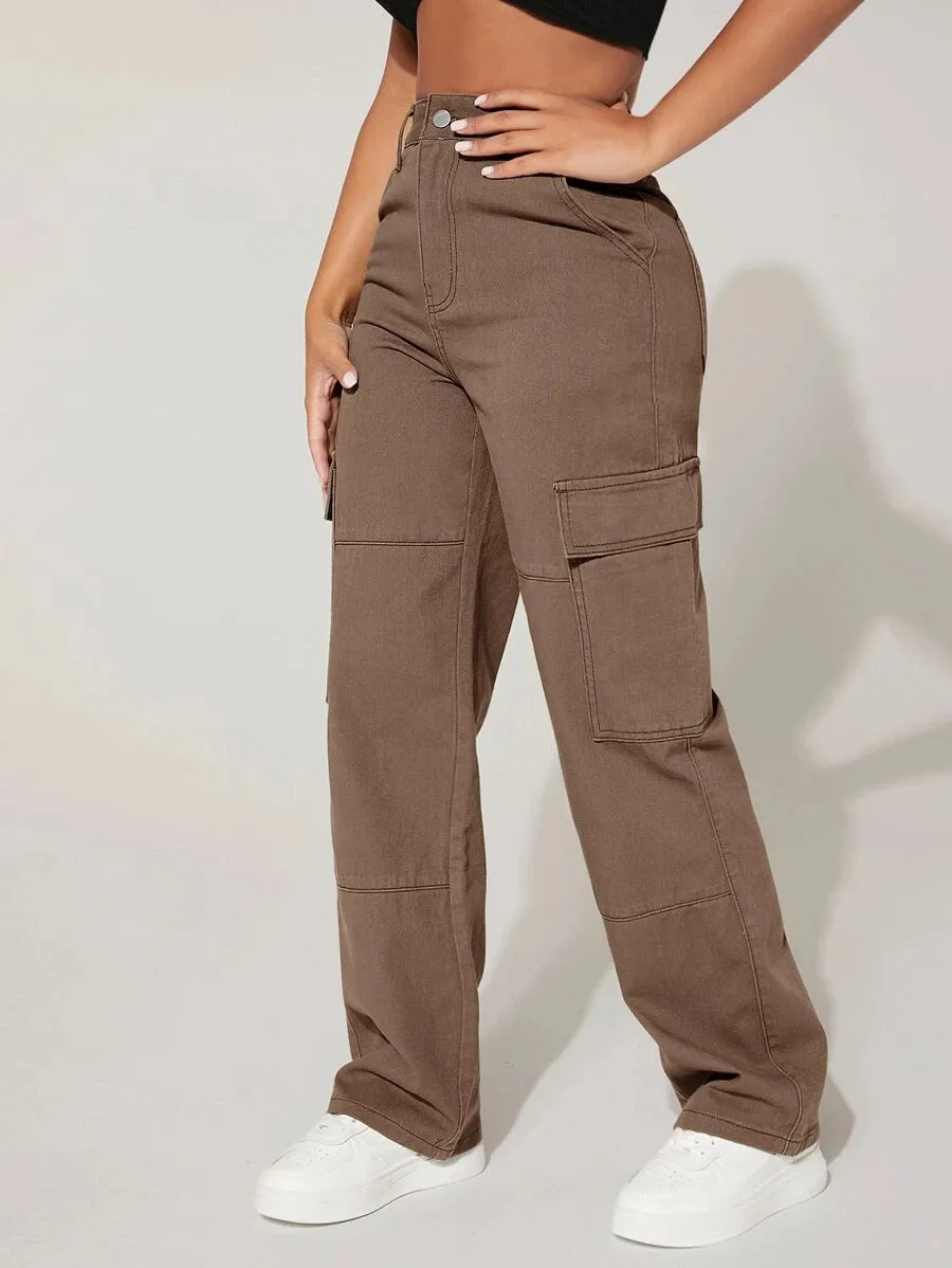 Trendy Flap Pocket High Waist Denim Cargo Jeans