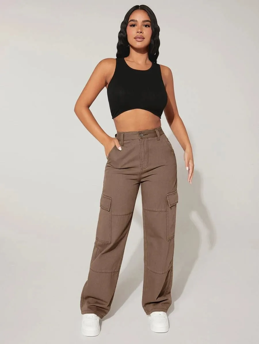 Trendy Flap Pocket High Waist Denim Cargo Jeans