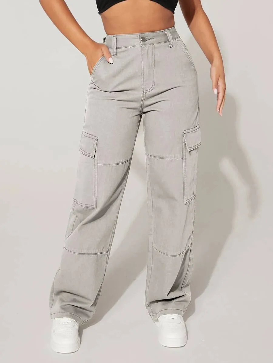 Trendy Flap Pocket High Waist Denim Cargo Jeans