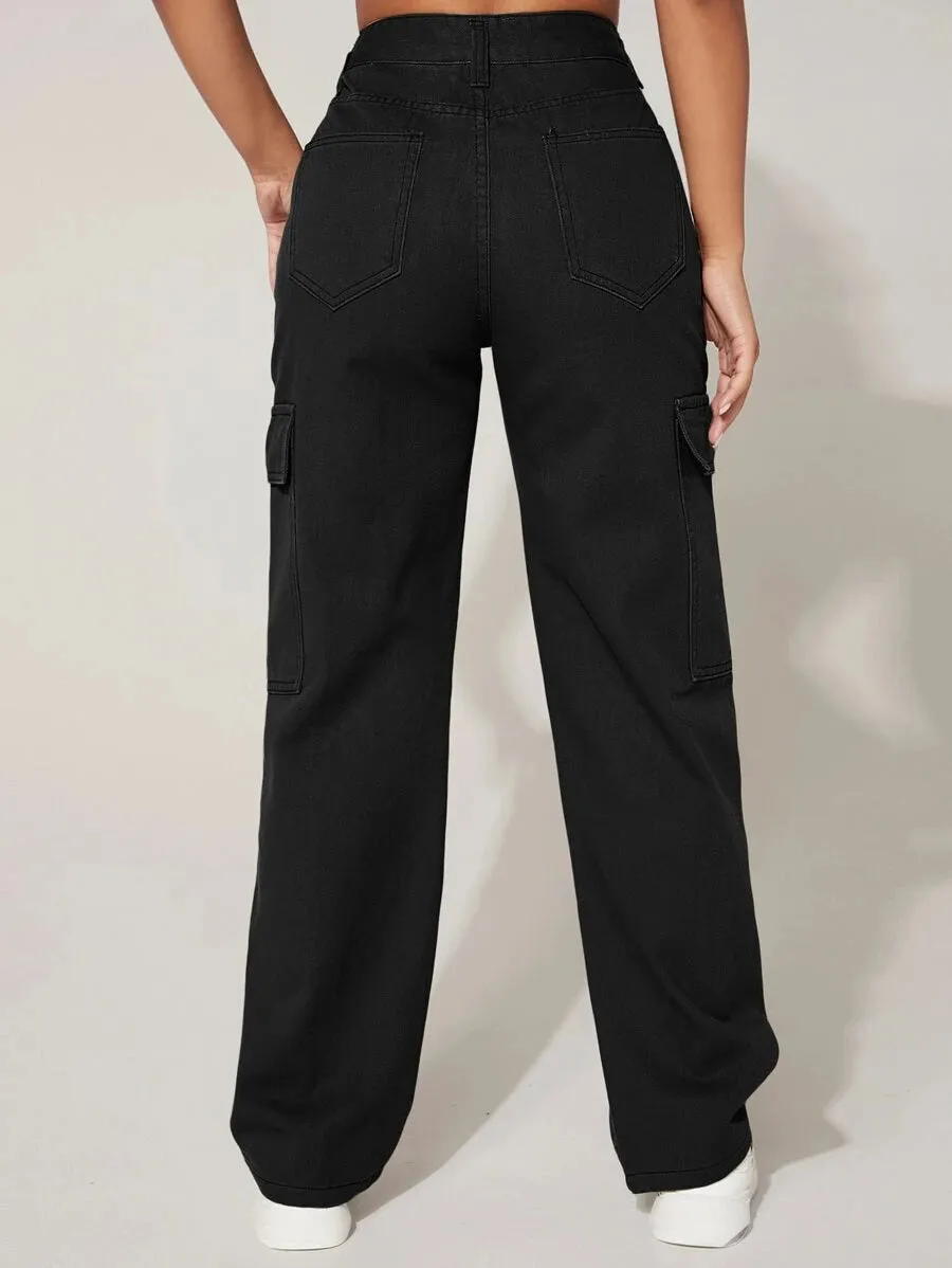 Trendy Flap Pocket High Waist Denim Cargo Jeans