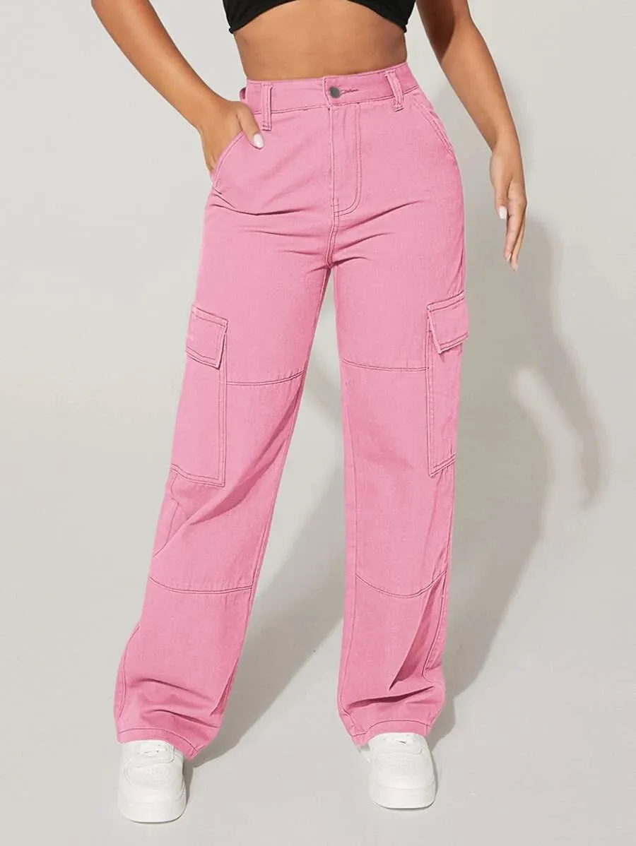Trendy Flap Pocket High Waist Denim Cargo Jeans