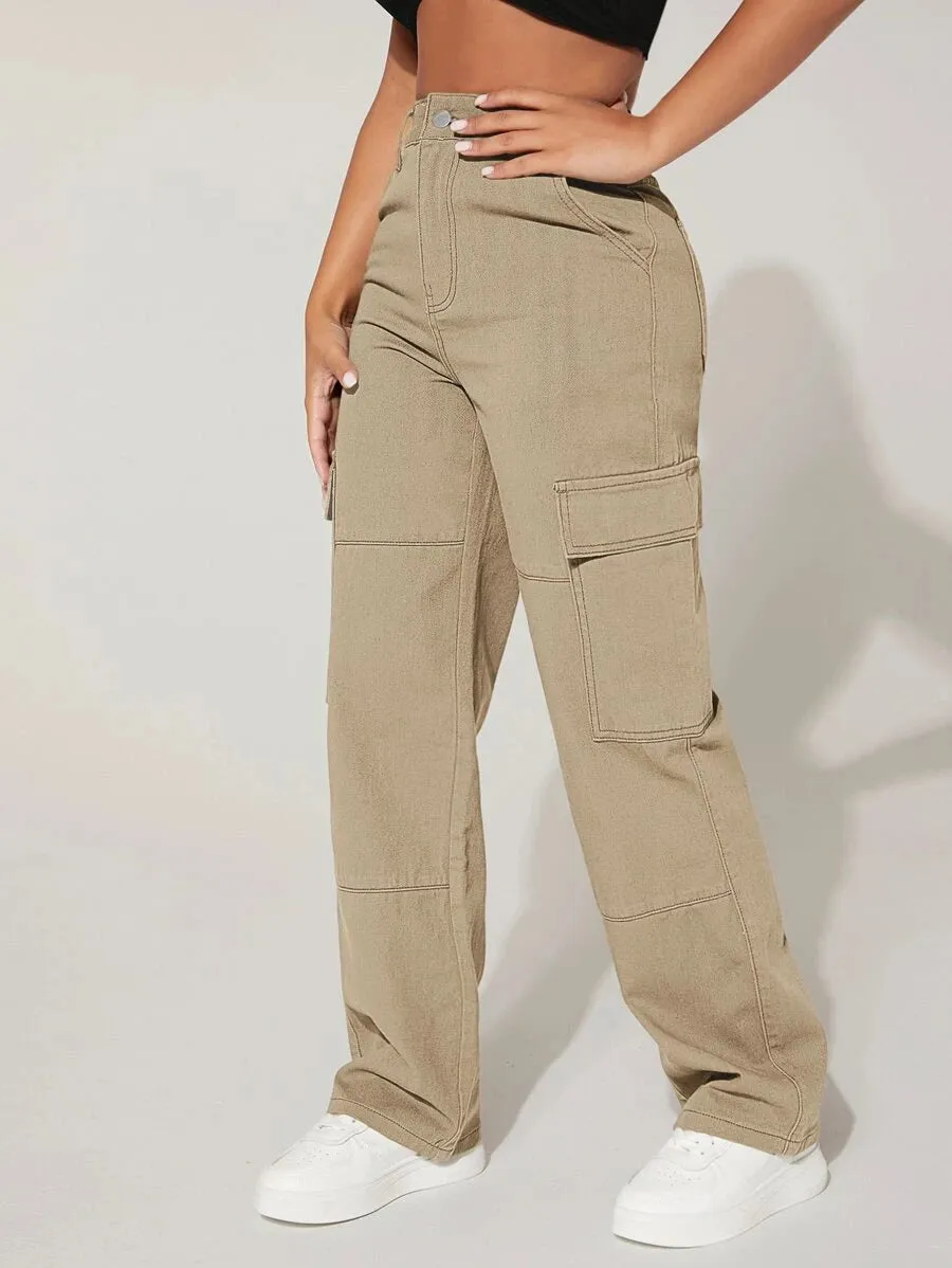 Trendy Flap Pocket High Waist Denim Cargo Jeans