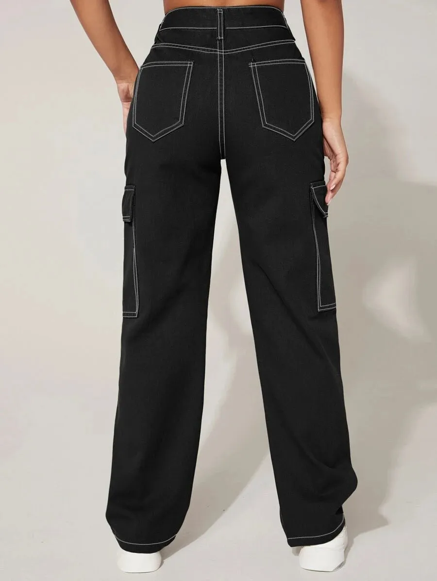 Trendy Flap Pocket High Waist Denim Cargo Jeans