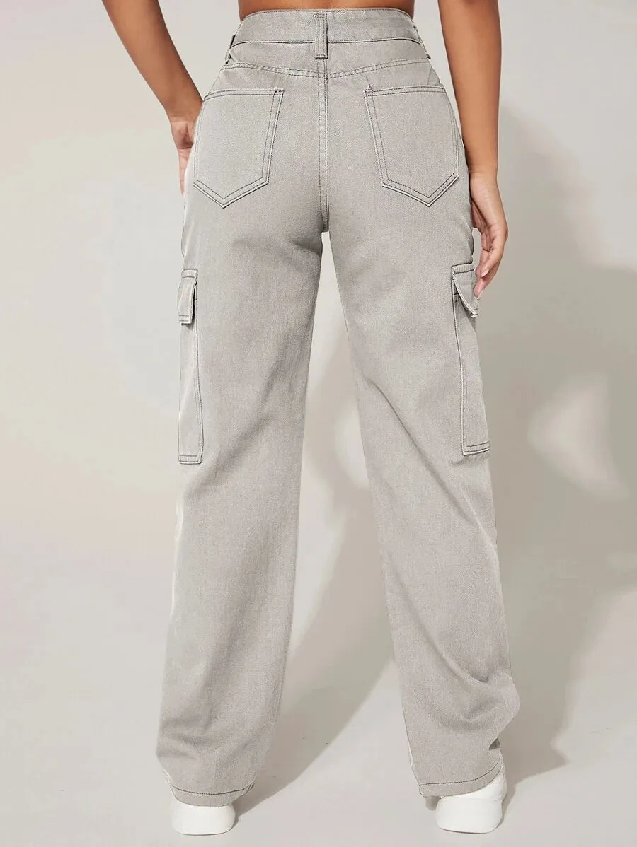 Trendy Flap Pocket High Waist Denim Cargo Jeans