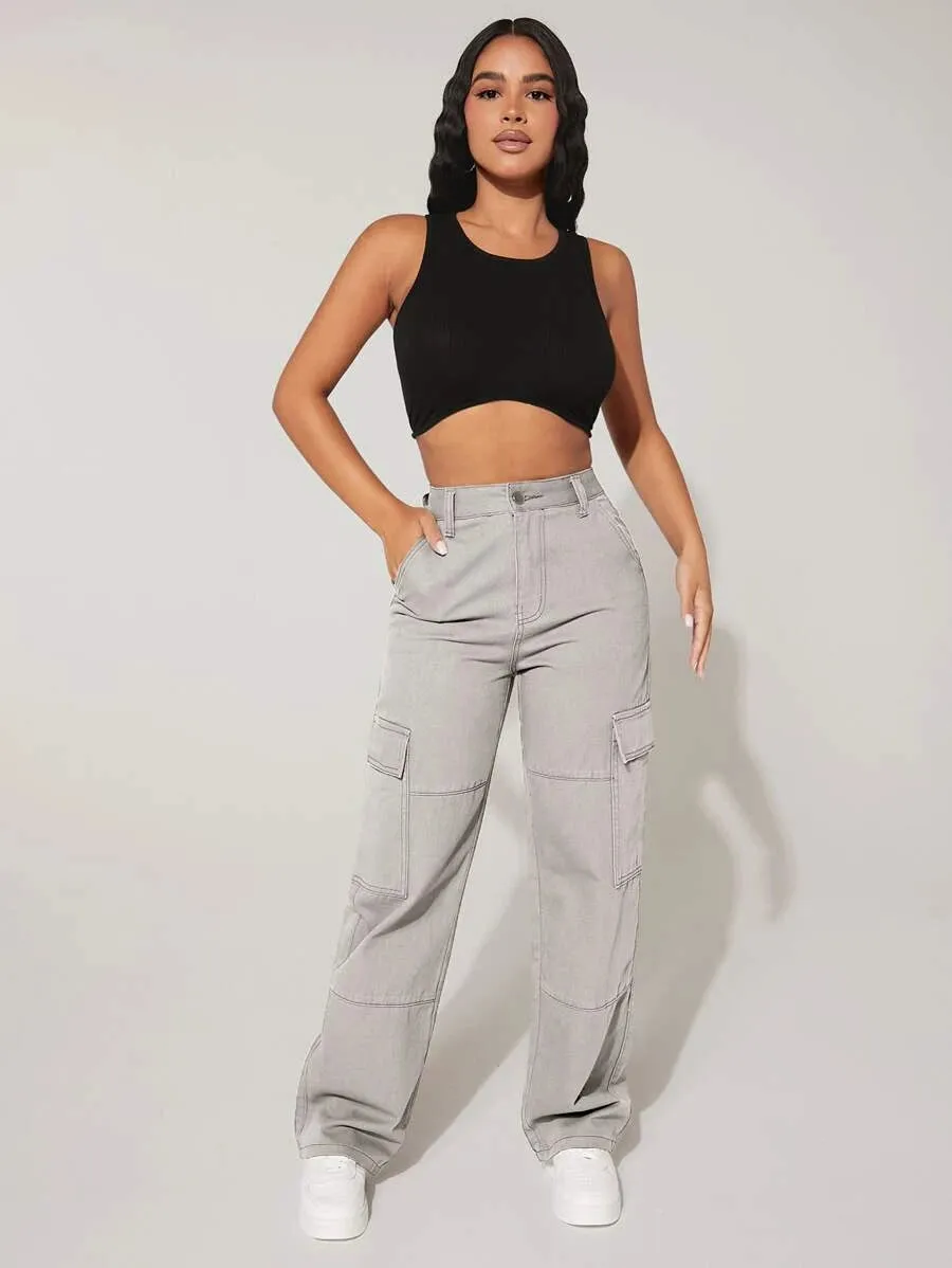 Trendy Flap Pocket High Waist Denim Cargo Jeans