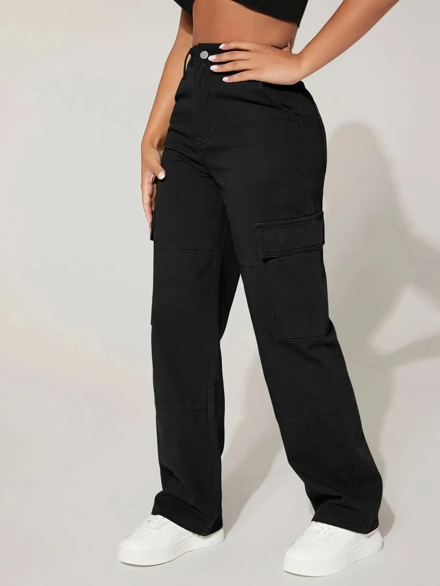 Trendy Flap Pocket High Waist Denim Cargo Jeans