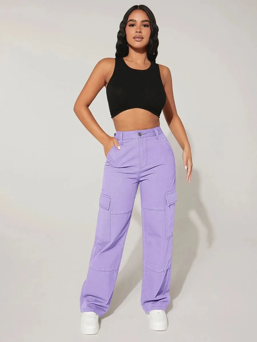Trendy Flap Pocket High Waist Denim Cargo Jeans