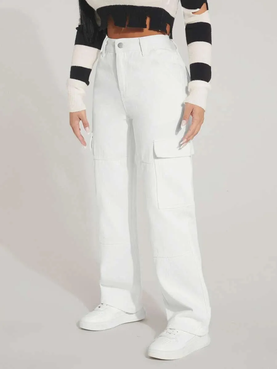 Trendy Flap Pocket High Waist Denim Cargo Jeans