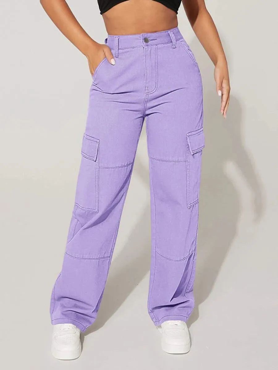 Trendy Flap Pocket High Waist Denim Cargo Jeans