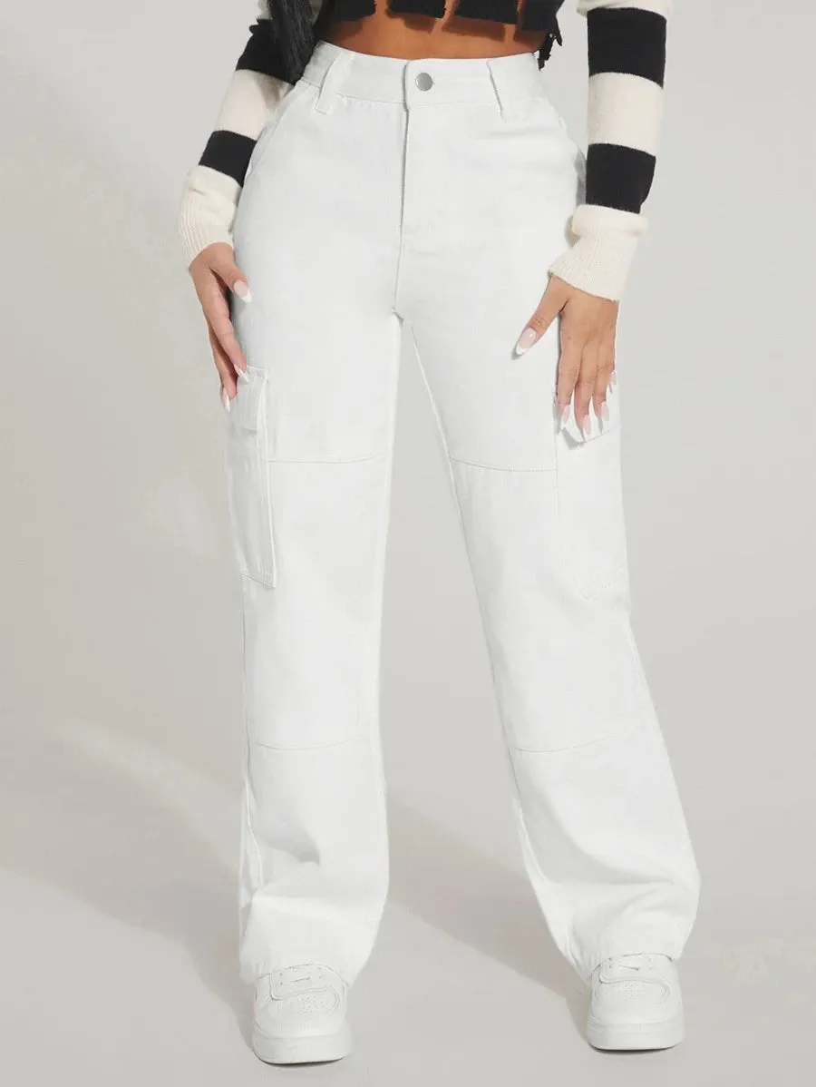 Trendy Flap Pocket High Waist Denim Cargo Jeans