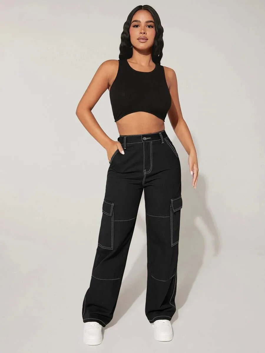 Trendy Flap Pocket High Waist Denim Cargo Jeans