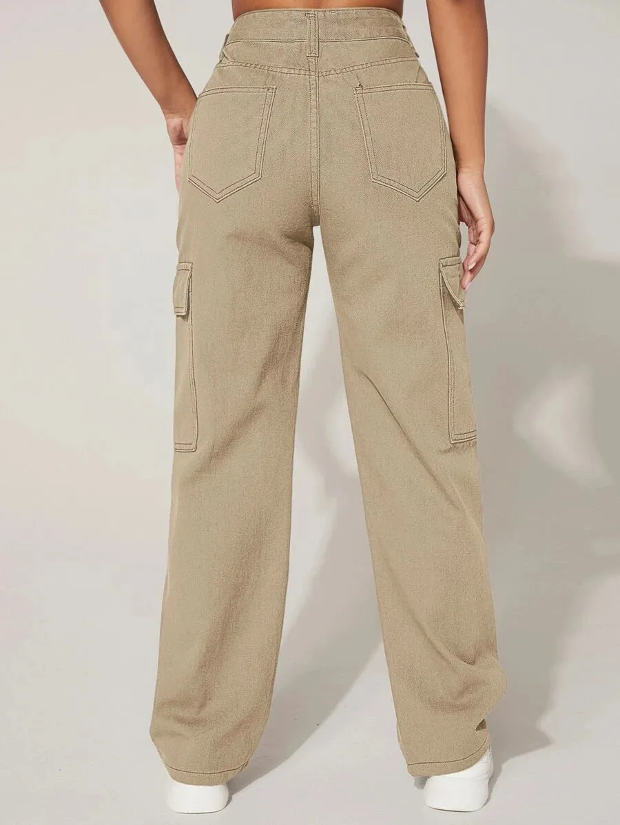 Trendy Flap Pocket High Waist Denim Cargo Jeans